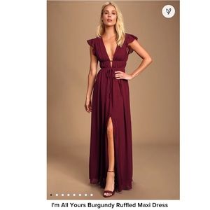 I’m All Yours Burgundy Ruffled Maxi Dress (Lulu’s)